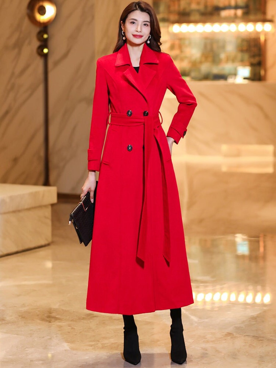 Red Wool Trench Coat, Long Wool Coat, Double Breasted Wool Midi Coat, Womens Winter Wool Coat