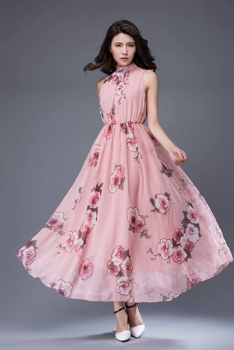 Pink print chiffon dress bridesmaid chiffon dress flower Etsy