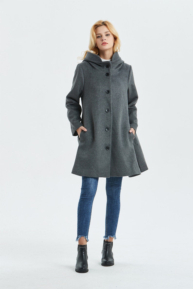 Hooded wool coat, Swing wool coat in Gray, Winter coat women, Warm winter coat, Plus size coat, Classic coat, Custom coat, Ylistyle C1317 image 3