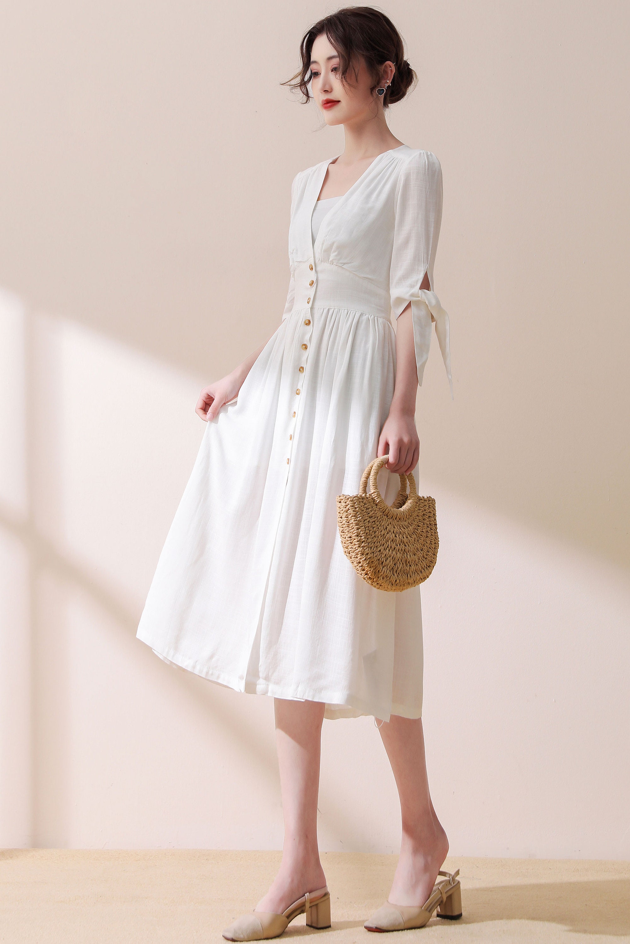 French Linen Dress Vintage Sexy White Deep V neck Linen Etsy