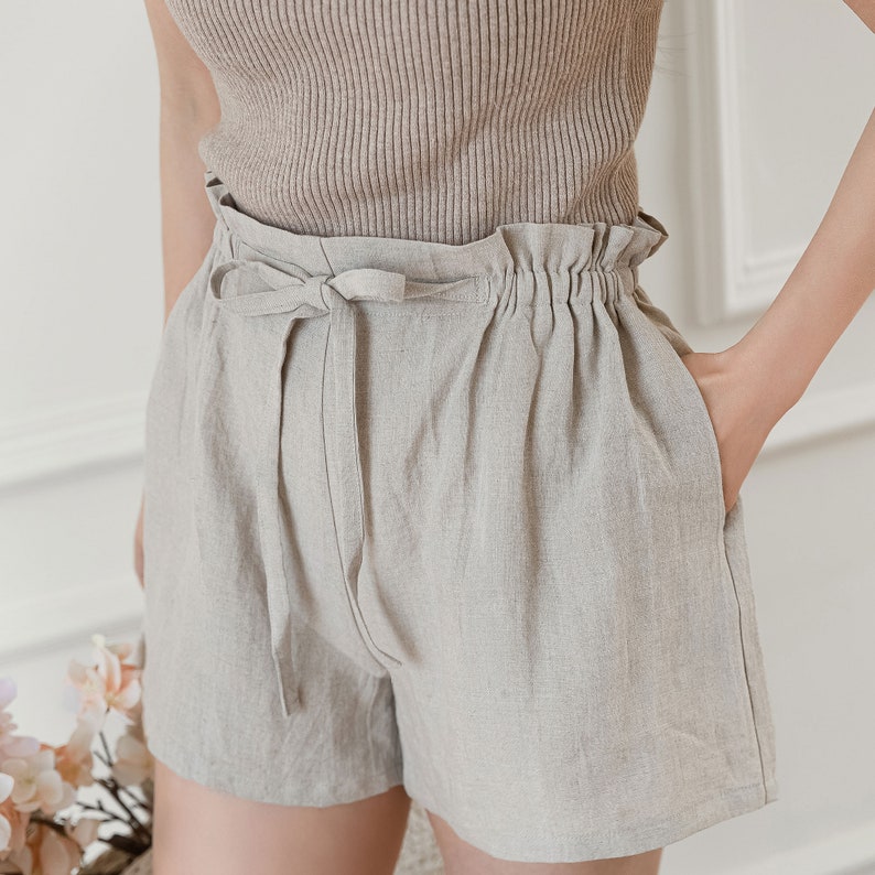 Linen Shorts Side Elastic Waistband With Spaghetti Drawstring, Womens Summer Shorts, Casual Shorts, Handmade Shorts C3185 image 2