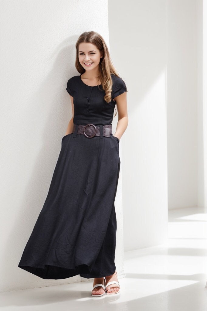 ワンピース MALO BLACK LINEN LONG DRESS BLACK LINEN LONG DRESS