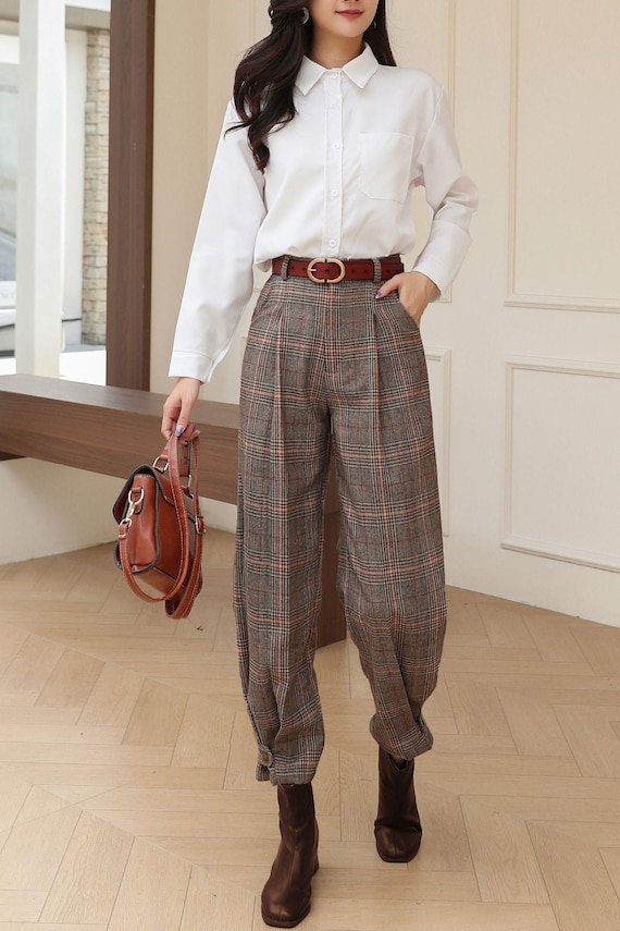 high waisted plaid dress pants Comfy Plaid Print Dress Pant #1 White/Black / Large/XL (Fits Pant Size 6-10) main image 0