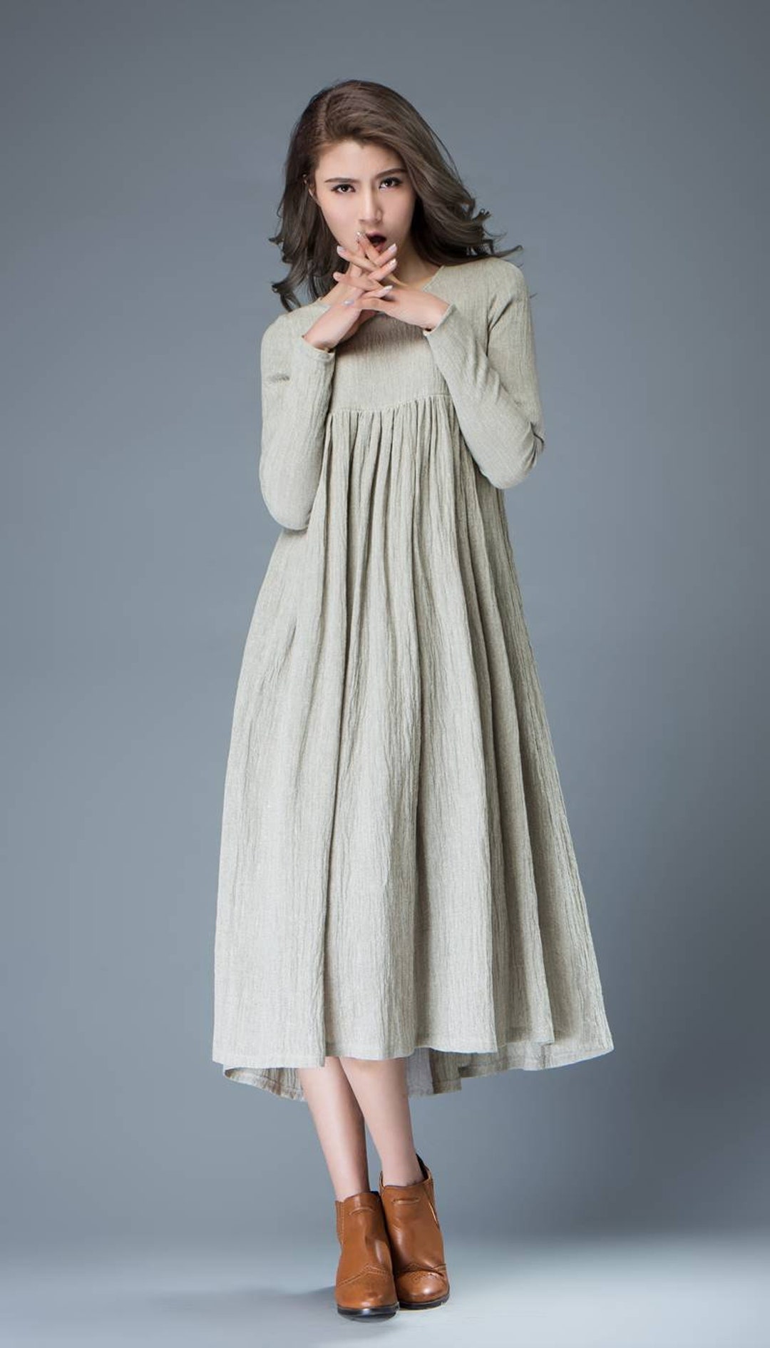 Casual Linen Dress, Light Gray Pleated Dress, Mid-length Long Sleeved ...