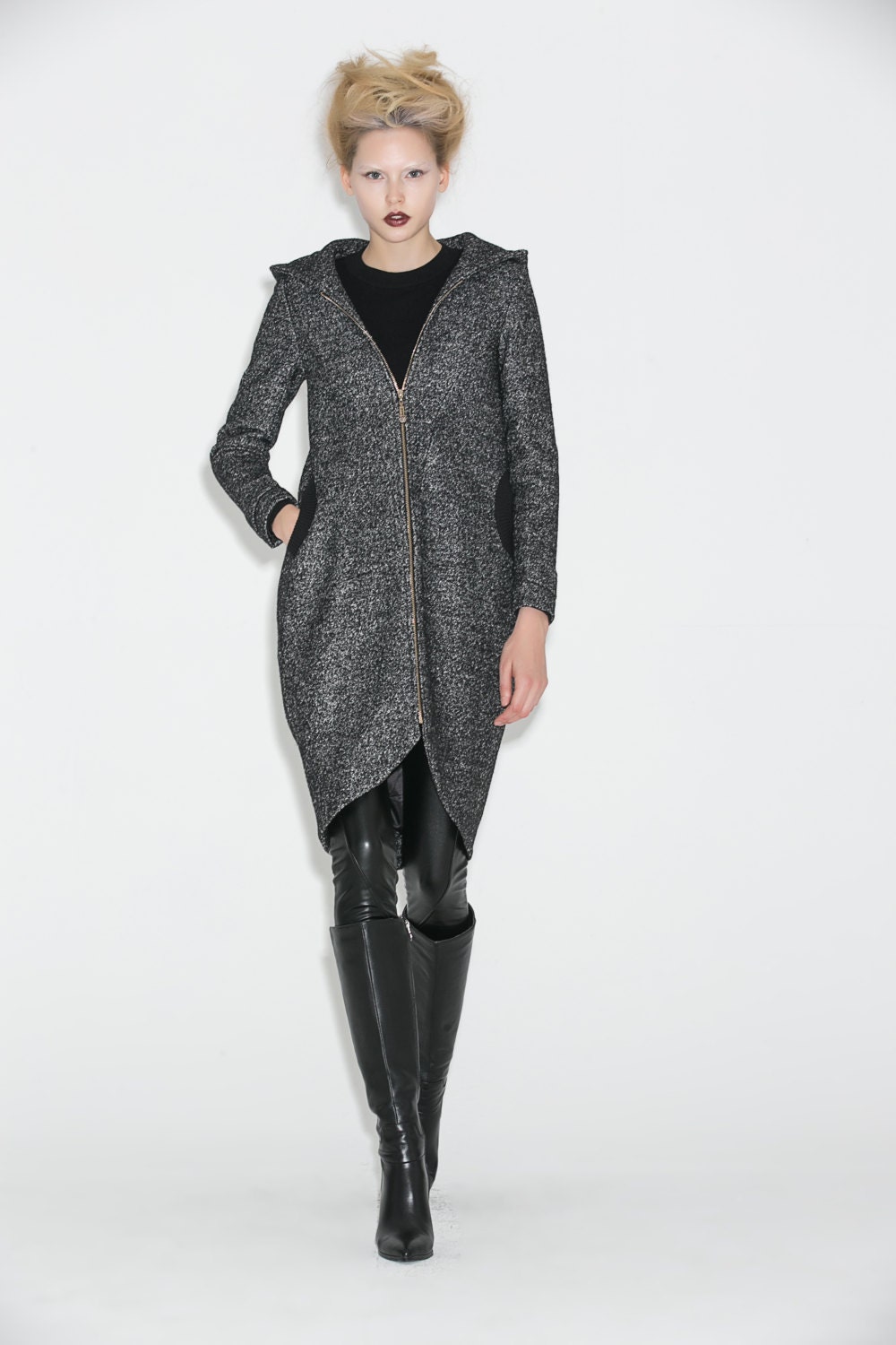 Hooded Winter Coat Gray Mid Length Womens Jacket Zipper | Etsy