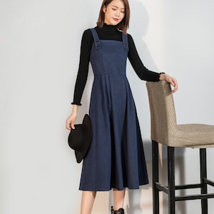 Wool dress, Wool Pinafore dress, Sleeveless wool dress, Midi wool dress, Blue wool dress, Womens dress, Autumn winter dress, Ylistyle C1757