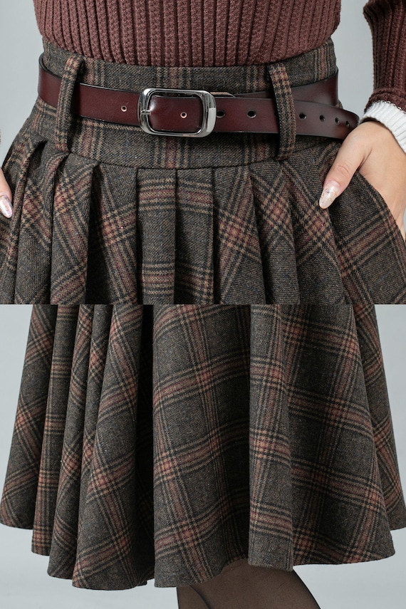 スカート Siyazu SIST9028 Wool Check Pleated Skirt_Brown Womens Midi Plaid Wool Skirt, Winter Skirt, Circle Skirt
