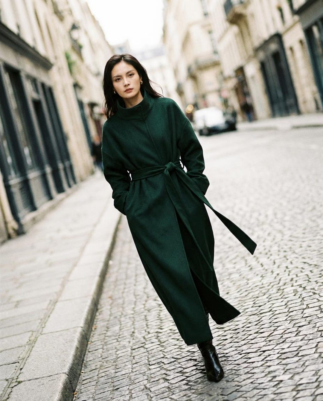 Green Wool-blend Maxi Coat: Long Belted Winter Coat With High Neck