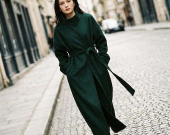 Green Wool-blend Maxi Coat: Long Belted Winter Coat With High Neck