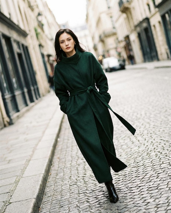Green Wool-blend Maxi Coat: Long Belted Winter Coat With High Neck