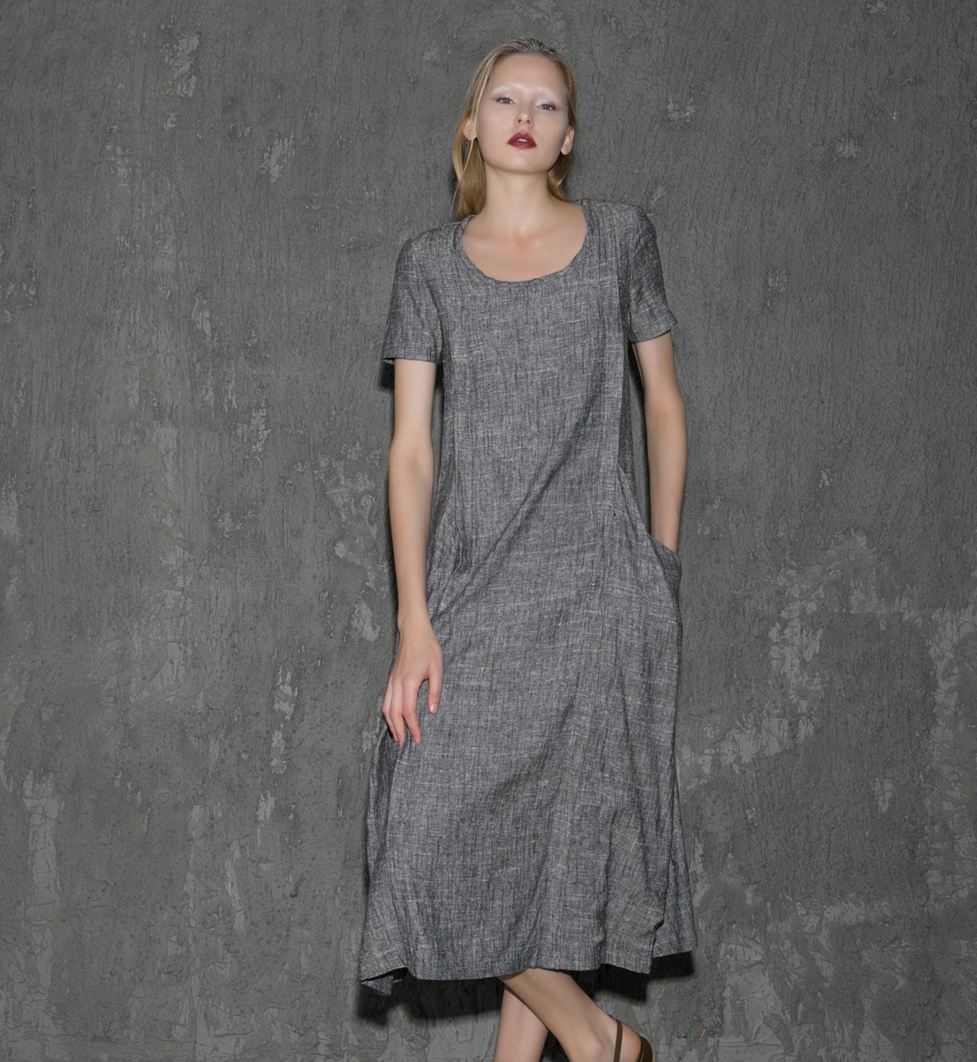 Gray Linen Dress Plus size dress Shift dress Long | Etsy