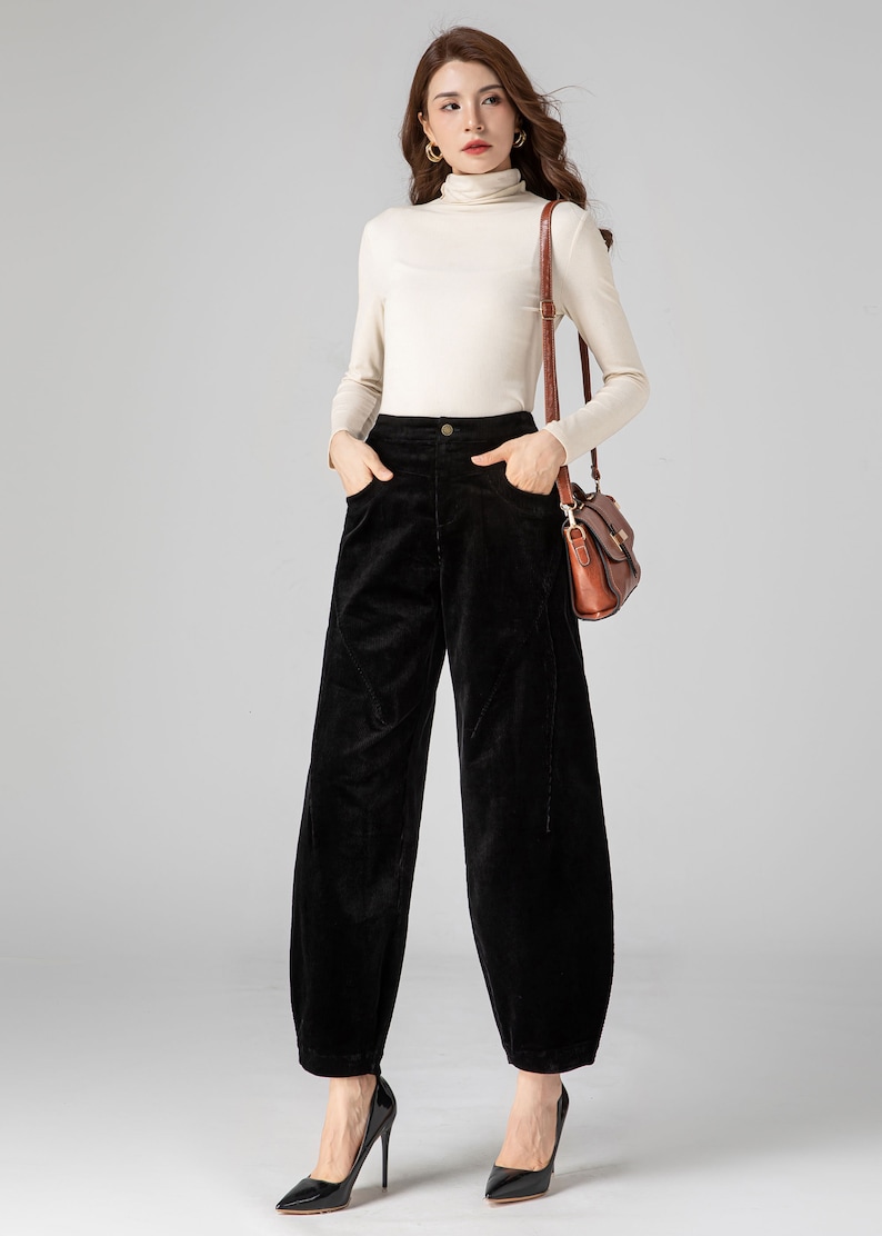 Black Corduroy Pants Women, Tapered Pants, Autumn Pants, Long Pants, Womens Pants, Loose Fitting Pants, Handmade Pants, Made to Order C3592 image 3