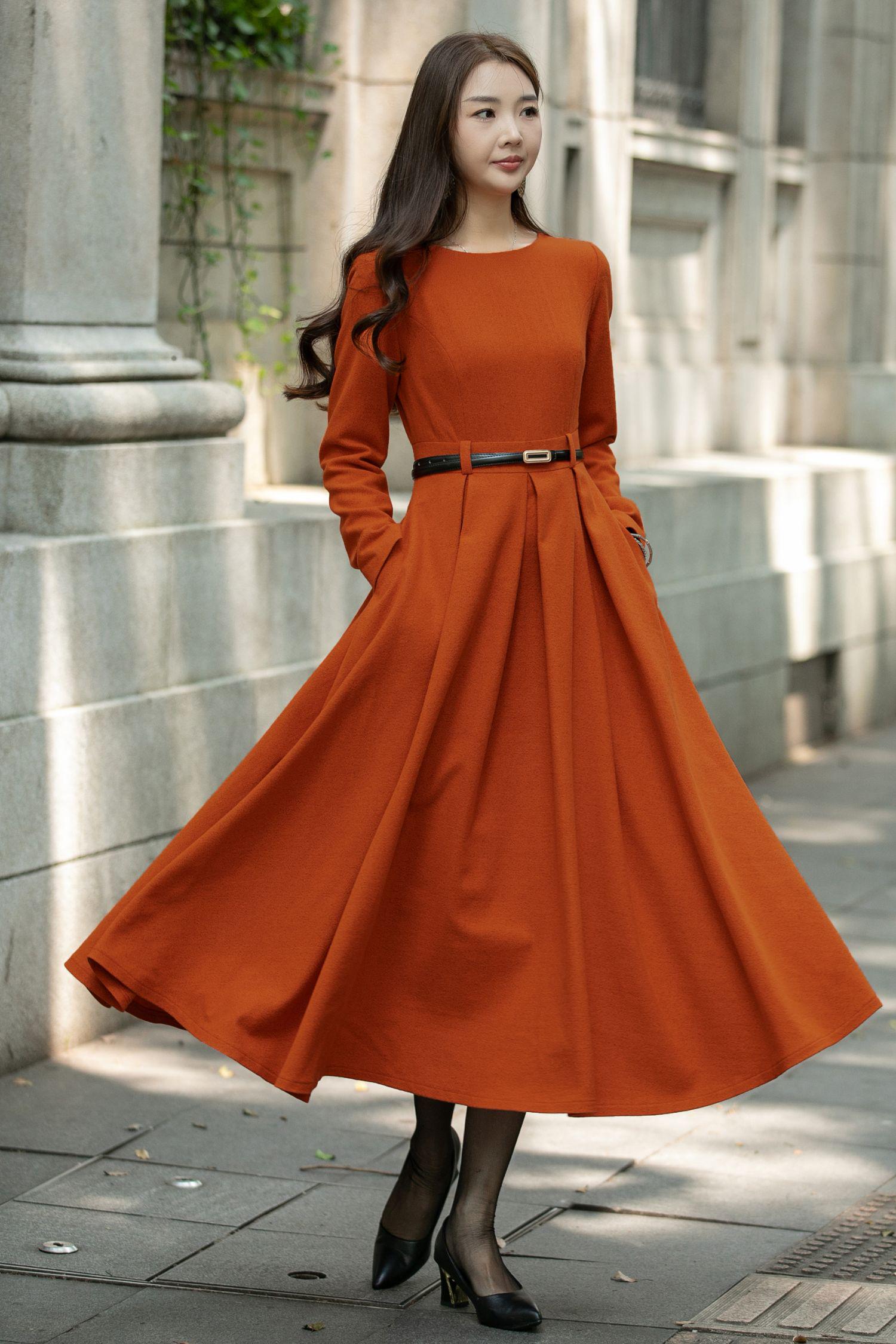 Maxi Wool Dress, Swing Wool Dress, Dresses for Women, Pleated