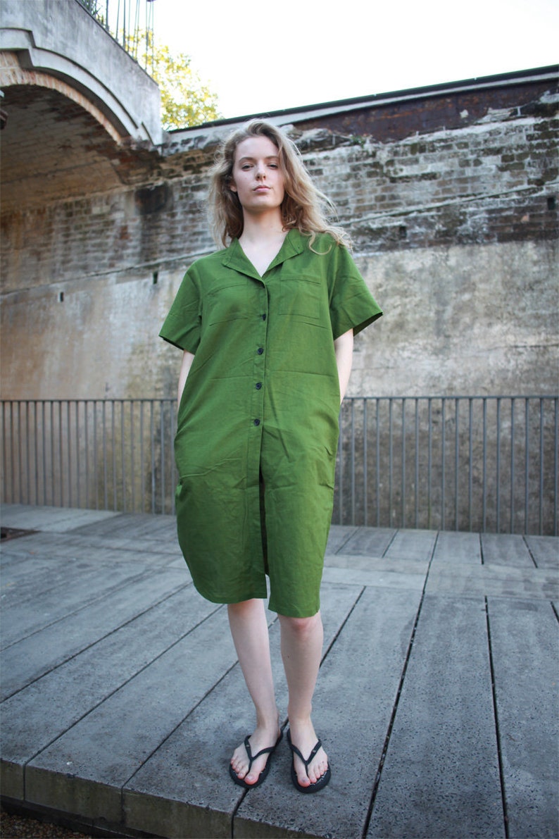 green linen shirt dress