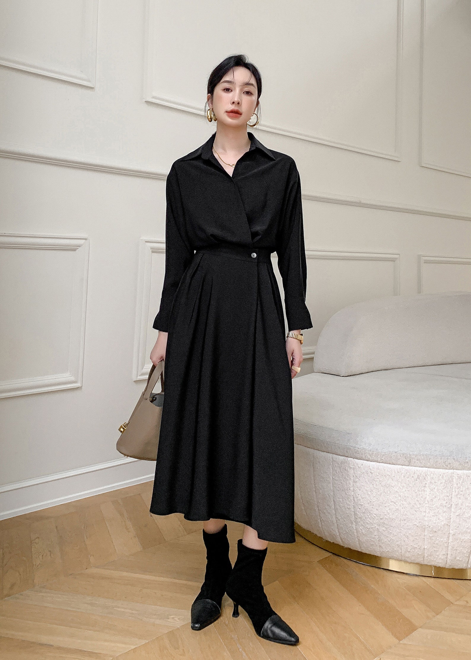 Black Midi Shirt Dress Long Sleeve Shirt Dress Loose Fitting Etsy