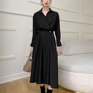 Black Midi Shirt Dress, Long Sleeve Shirt Dress, Loose Fitting Dresse ...