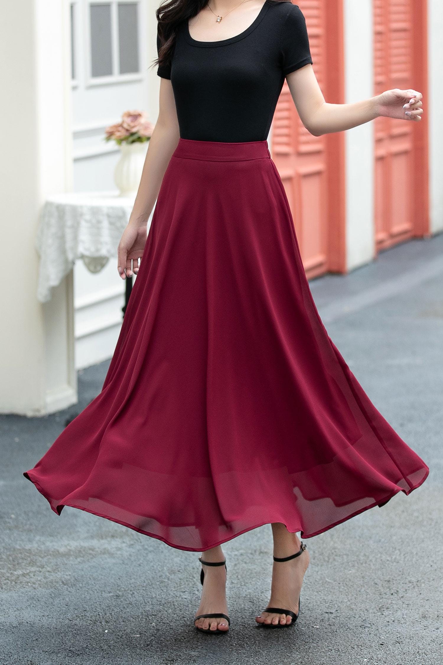 A-line Burgundy Chiffon Maxi Skirt, Women Summer Long