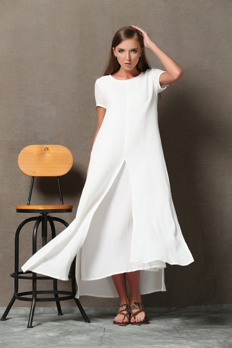 Short sleeve White maxi linen dress for women, summer cotton linen solid casual side slit ankle dress with pockets plus size C534 C1-White