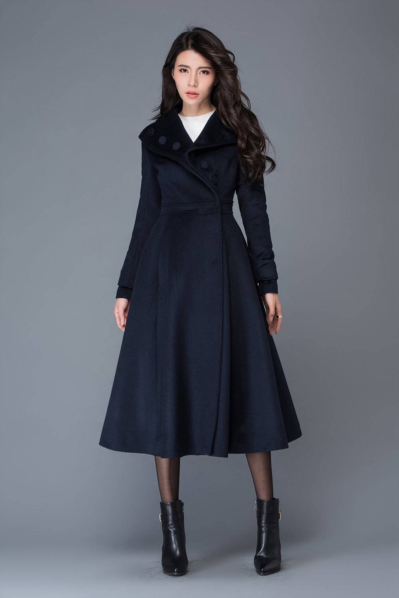 Midi wool coat, wool coat, womens winter coats, dress coat, navy blue coat, flare coat, warm coat, swing coat, made to order C1021 C1-Blue -C1021