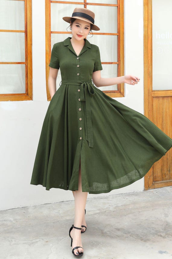 knee length dresses for ladies Spring Green Linen Midi Dress C3954 – YLISTYLE main image 1