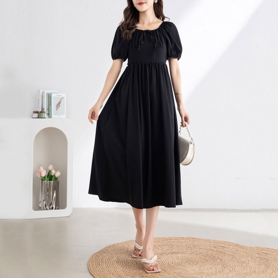 princess polly baby blue dress Handmade Black Midi Dress, Square Neck Puff Sleeve, Ylistyle C3311