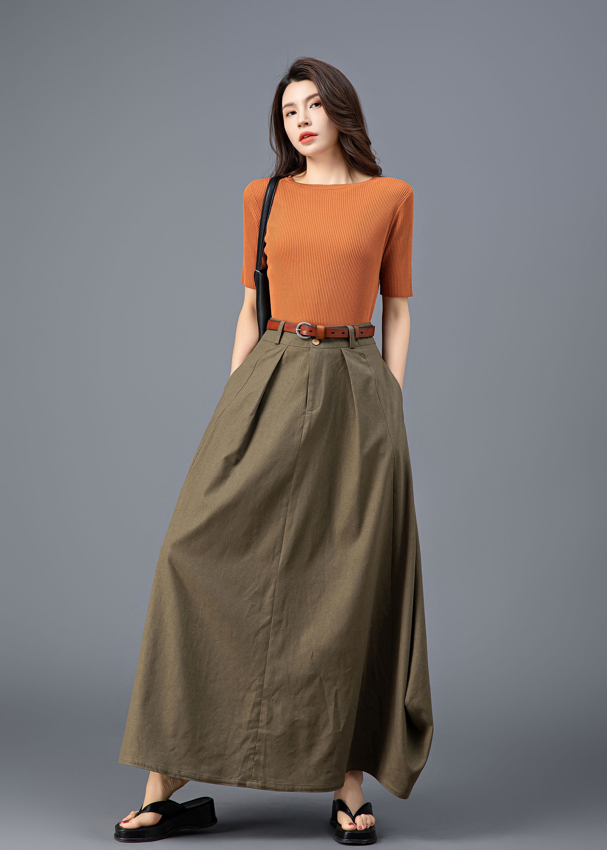 Army Green Linen Skirt, Linen Maxi Skirt, Asymmetrical Linen