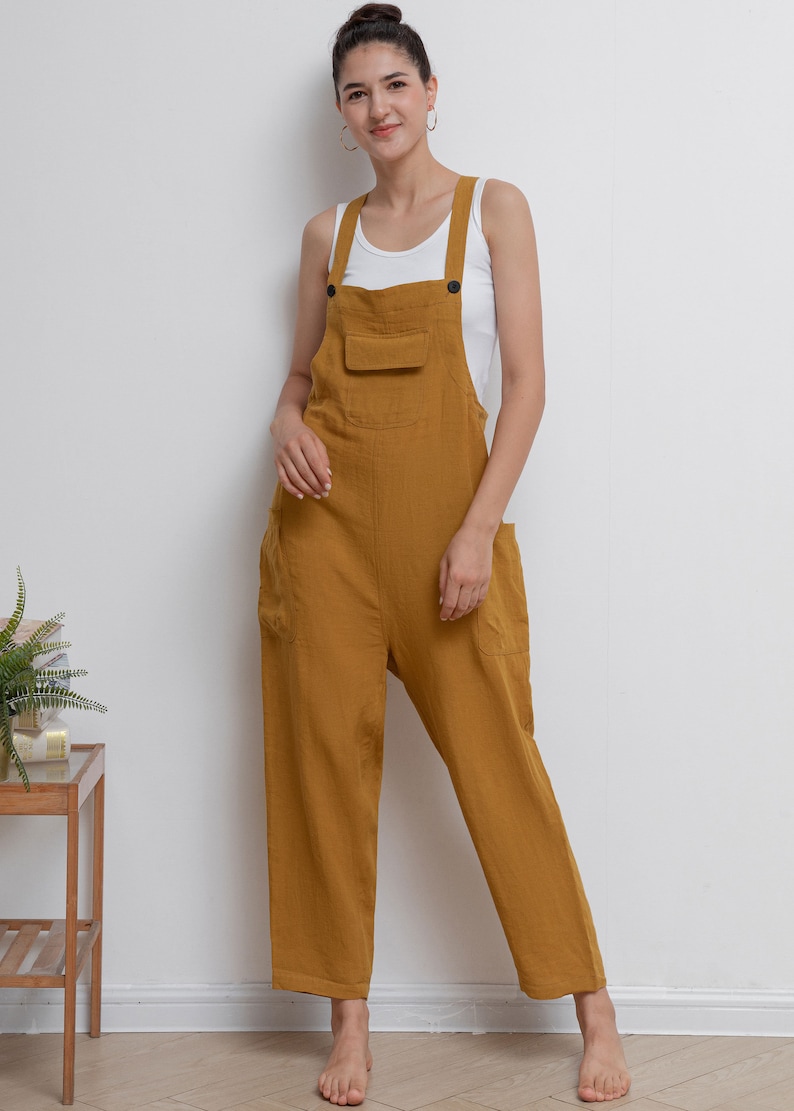 Women Linen Jumpsuit, Casual Linen Overalls, Loose Linen Harem Jumpsuits, Womens linen Romper, Yellow Linen Jumpsuit, Loose Pants C2943 image 3