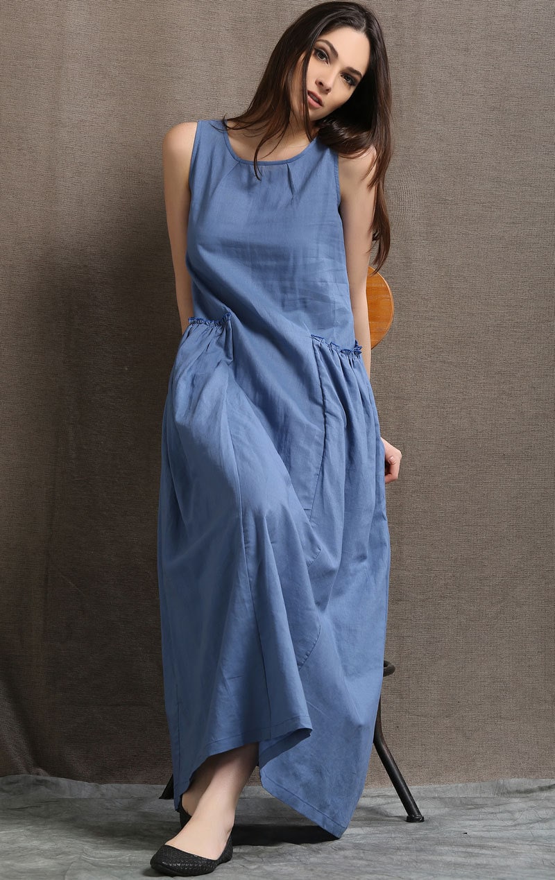 Maxi Linen Dress Blue Long Casual Comfortable Sleeveless | Etsy