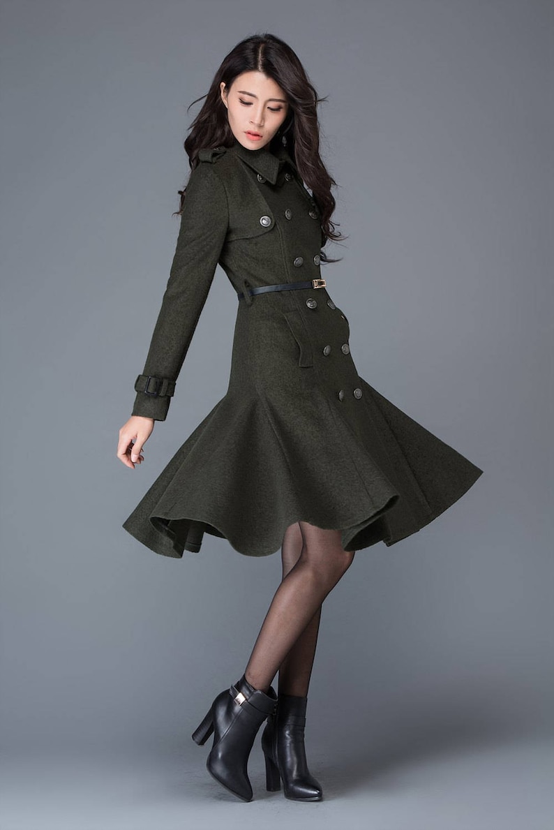 Wool coat women, Double breasted wool coat, winter coat women, Military Coat, Green wool coat with pockets, handmade wool coat C1028 C1-Army green-C1028