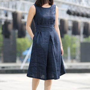 Linen dress, midi dress, sleeveless dress, navy dress, tunic dress, summer dress, Organic linen dress, Causal dress with pockets C263/ image 2