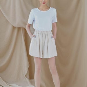 Natural High Waist Linen Shorts, Beige Linen Beach Shorts with pocket, Women Summer Linen shorts, Custom Casual Linen shorts, Ylistyle C2154