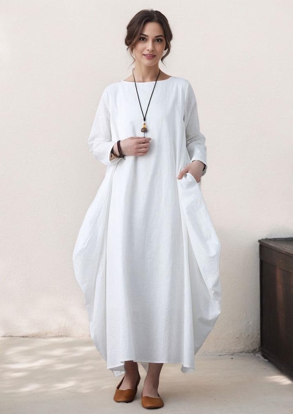 knee length dresses for ladies La Lune Plunged Long Sleeve Maxi Dress | White | Dresses