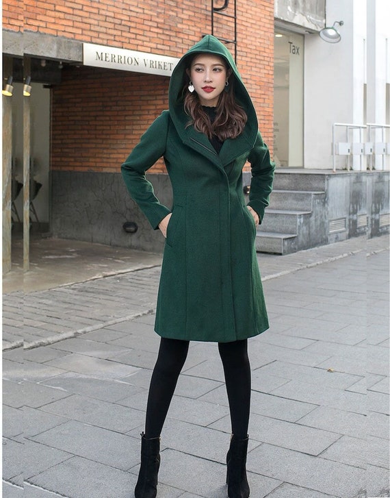 Green Hooded Wool Coat, Short Wool Coat, Winter Wool Coat, Warm Winter Coat,  Womens Wool Coat, Autumn Winter Coat, Handmade Coat C2587 
