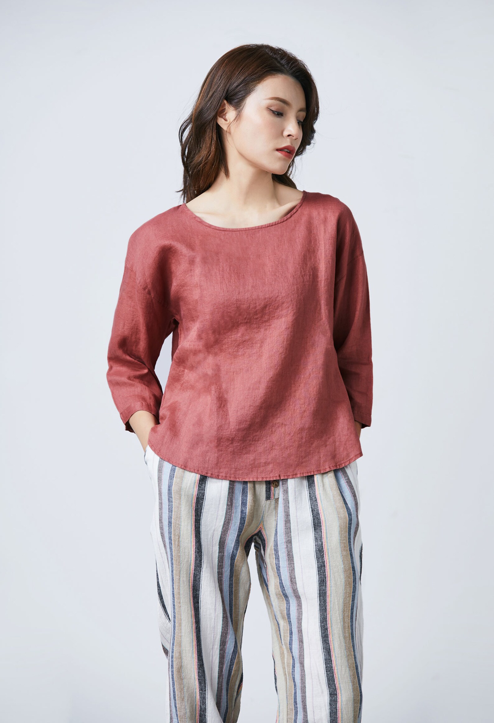 Loose linen top red linen top for women quarters of the Etsy