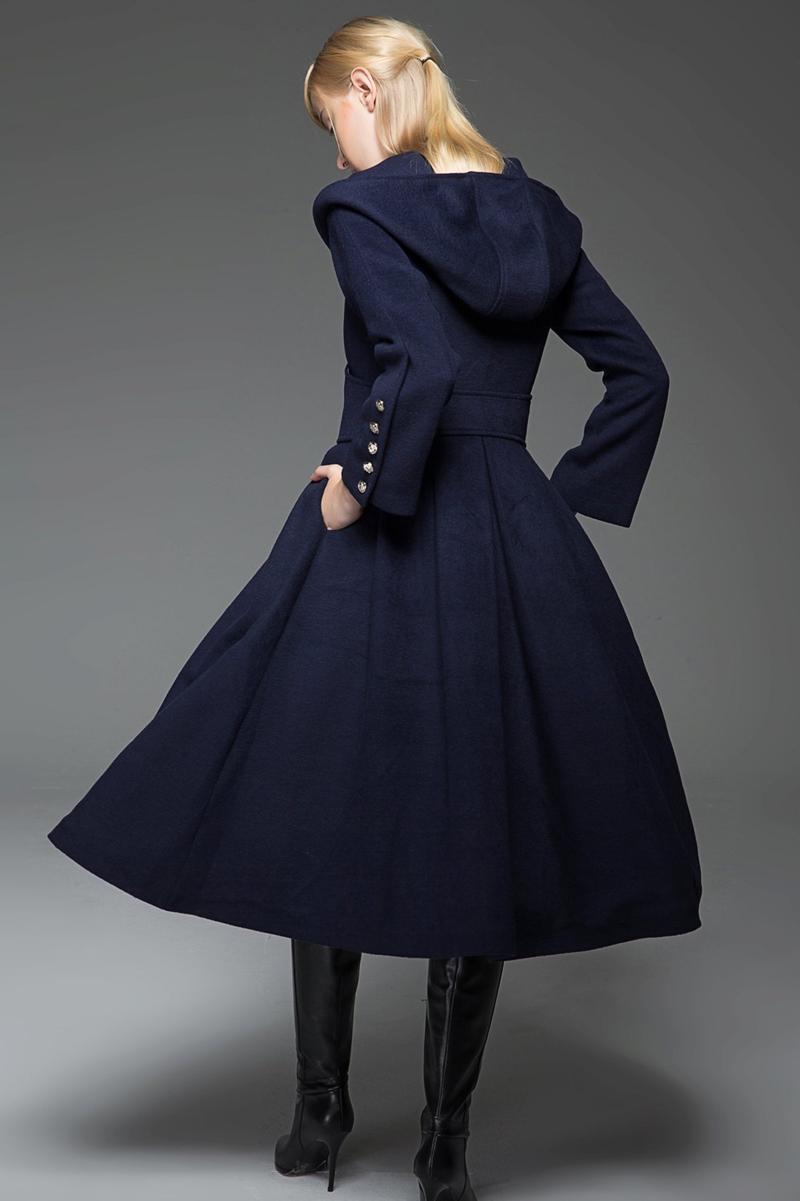 Navy Military Style Coat Long Modern Dark Blue Hooded Winter Etsy