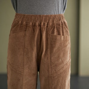 May include: Brown corduroy trousers with a drawstring waistband and two front pockets.