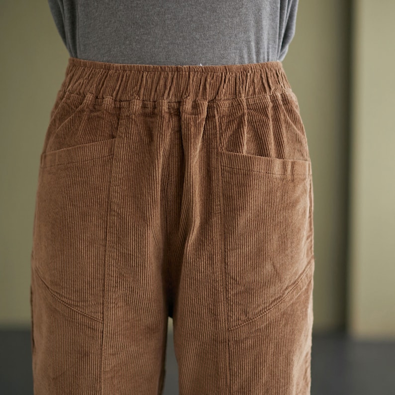 May include: Brown corduroy trousers with a drawstring waistband and two front pockets.