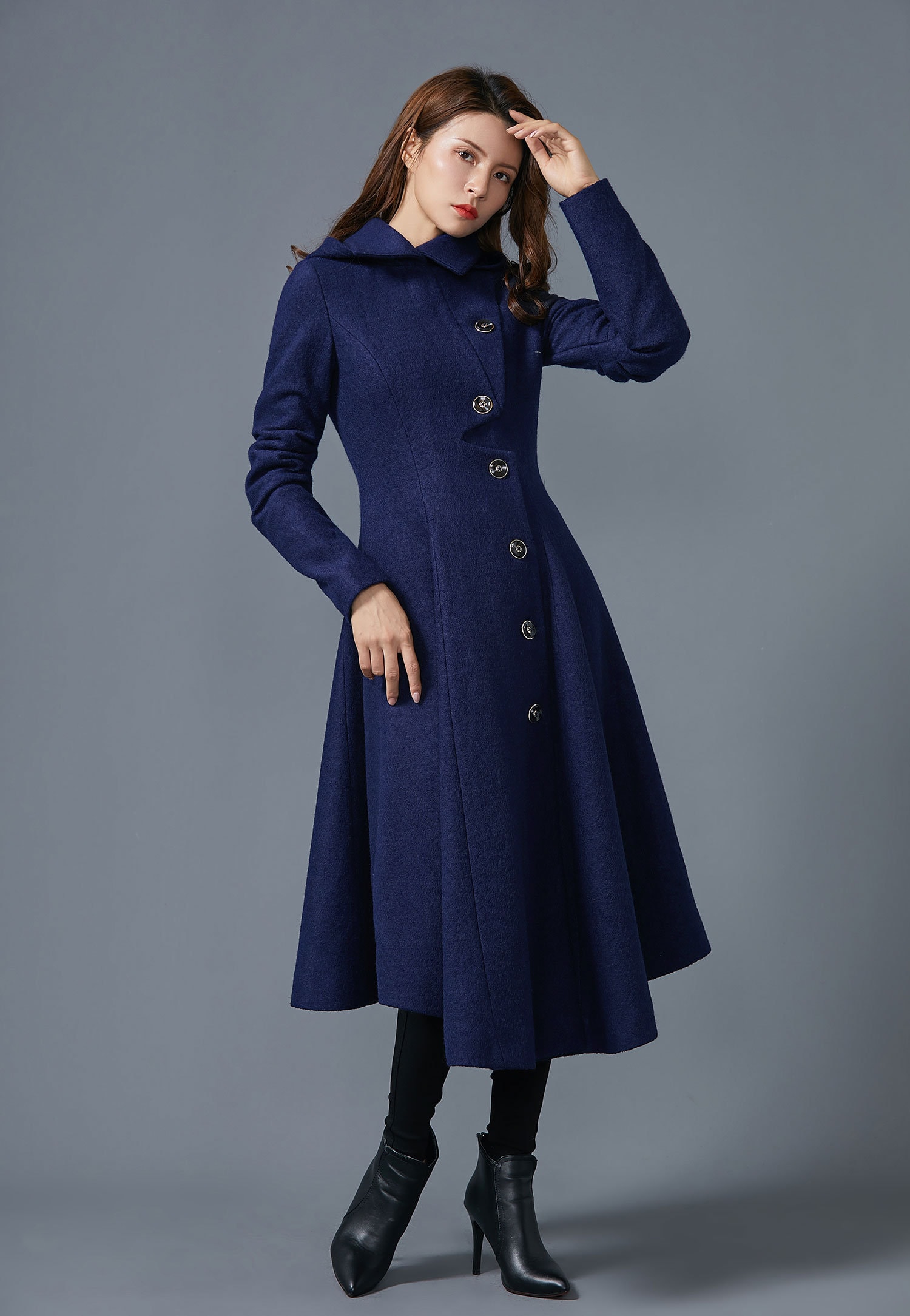 Hooded Wool Coat Women, Blue Wool Winter Coat, Asymmetric Hooded Wool Coat Women, Blue Wool Winter Coat, Asymmetric