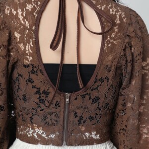 brown lace top, short tops, boho top, long sleeves lace blouse, summer romantic top for women, v neck crop tops, lace clothing c3327 image 9