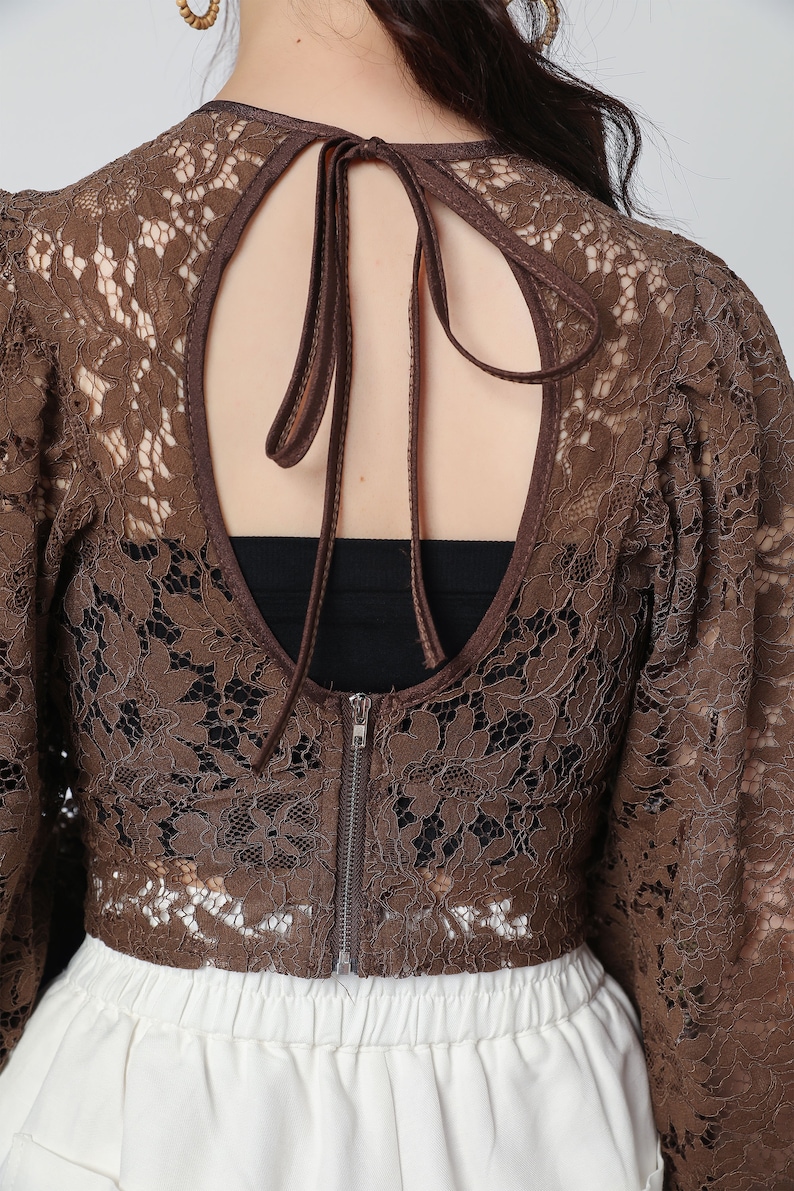 brown lace top, short tops, boho top, long sleeves lace blouse, summer romantic top for women, v neck crop tops, lace clothing c3327 image 9