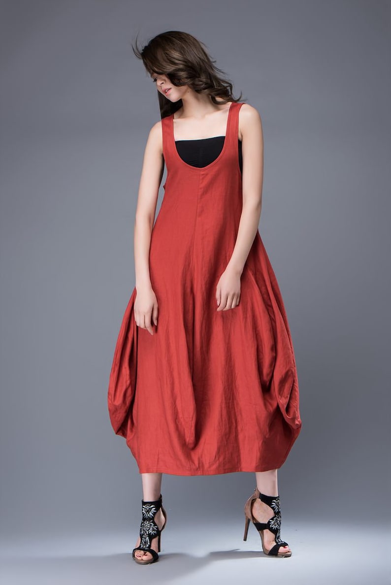 Red Linen Dress, Summer dress, Free-Style Casual Loose-Fitting Tulip-Shaped Everyday Modern Contemporary Unique Designer Dress C888 C1-Red-C888