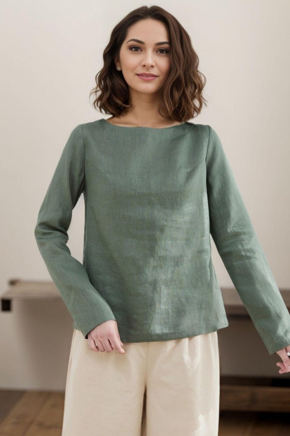 Casual Organic Linen Top for Women, Long Sleeve linen Blouse, Minimalist Loose Fit Top, green tops, Handmade linen Tops, Ylistyle C4638