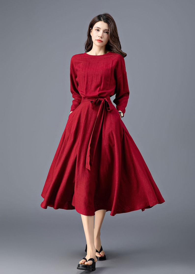 Linen Dress, Linen Midi dress, Belted Dress, Dress with Pockets, Womens Linen Dress, Spring Linen Dress, Casual Linen Dress, Ylistyle C3909 image 5