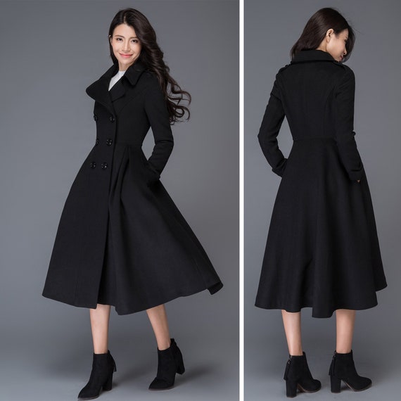 Wool Coat, Black Coat, Swing Coat, Long Coat, Long Coat Dress, Winter Coat  Women, Princess Coat, Fall Coat Women, Coat With Pockets C1019 