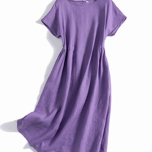 Linen Dress, Linen Midi Dress, Womens Linen Dress, Short Sleeve Dress, Summer Dress, Handmade Dress, Long Linen Dress, Custom Dress C3163 3-Purple