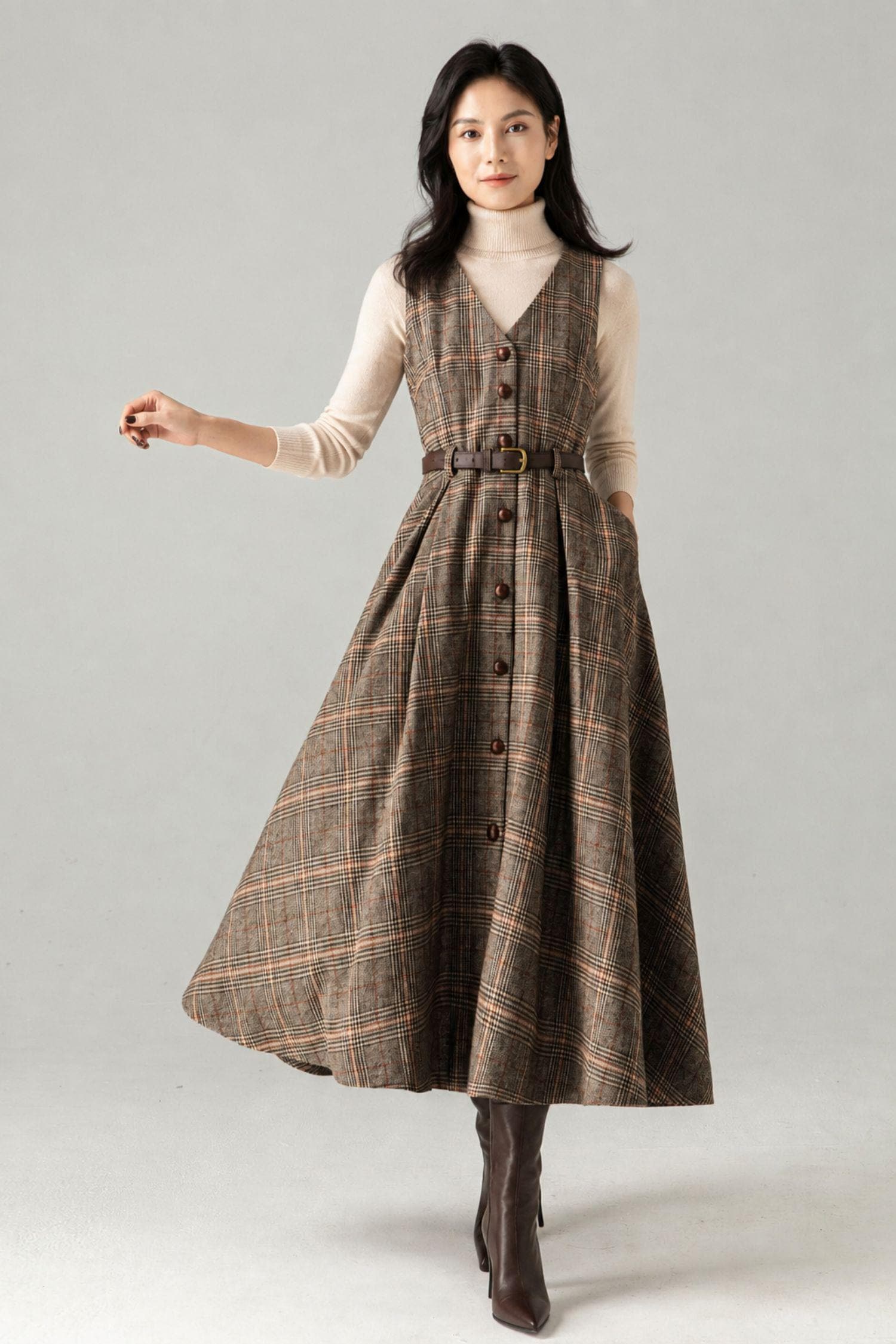 brown plaid pinafore dress Wool Midi with Vintage A-Line Silhouette Plaid / L Outfit