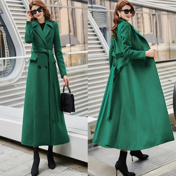 Long Wool Coat Green Wool Coat Wool Coat Women Long Sleeves 