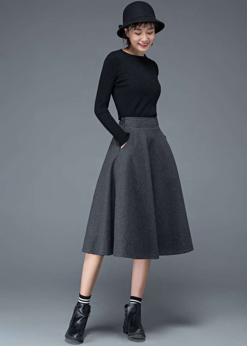 Wool skirt, Wool midi skirt, flare skirt, Swing A line skirt, women skirts winter, Elastic waist skirt, Gray wool skirt, Ylityle C1193 image 2