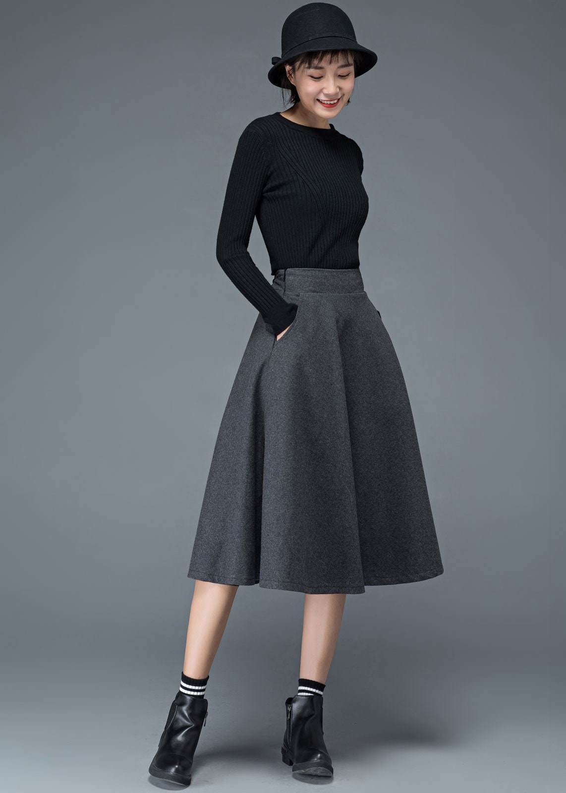 Wool Skirt, Wool Midi Skirt, Flare Skirt, Swing A Line Skirt, Women Skirts  Winter, Elastic Waist Skirt, Gray Wool Skirt, Ylityle C1193 