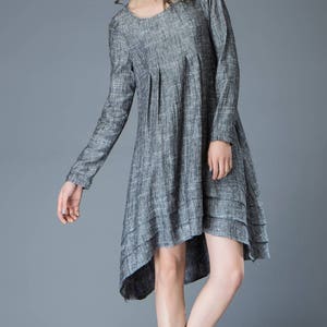 Marl Gray Lagenlook Dress Linen Loose-Fitting Long-Sleeved Round Neck Asymmetrical Dress with Tiered Pleated Hemline C810 image 9